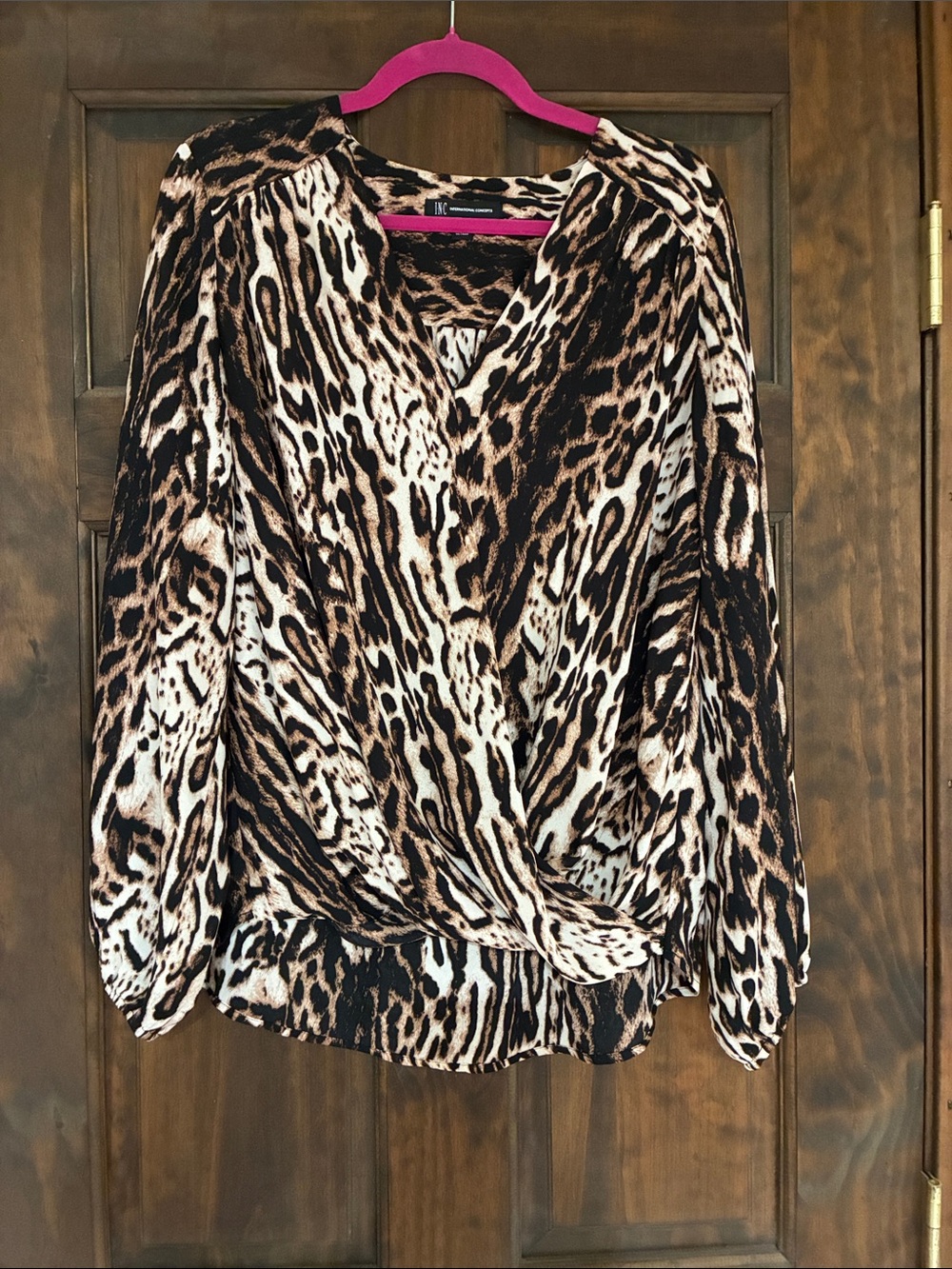 INC International Concepts Animal-Print Surplice Blouse in Brown and Black